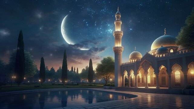 A serene mosque with illuminated arches and domes stands beside a reflective pool under a night sky with a crescent moon