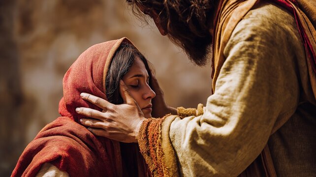 Jesus gently touching a women forehead in an act of healing and compassion.