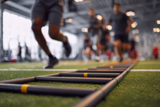 Focused agility training with speed ladder drill on artificial turf in modern indoor fitness center with multiple athletes exercising