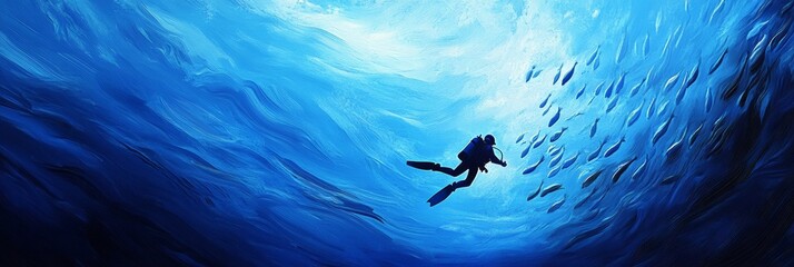 Fototapeta premium Underwater scene showcasing a scuba diver gracefully navigating the deep blue ocean, amidst a mesmerizing school of fish, creating a serene and captivating underwater experience