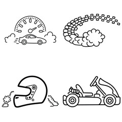 Motorsport speed icon set with race car, drifting smoke, helmet and go kart outline design