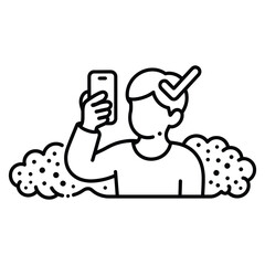 Black outline correct smartphone usage vector icon with checkmark isolated on white