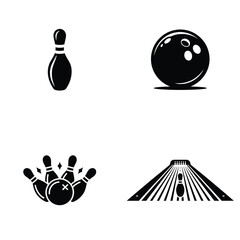 Bowling sport icon set with ball, pins, strike and bowling lane silhouettes