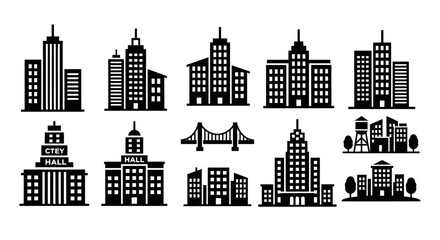 Obraz premium Collection of Various City Buildings and Urban Infrastructure Icons on Isolated White Background