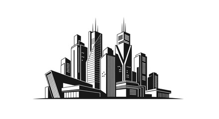 Fototapeta premium Modern City Skyline Silhouette with Skyscrapers on Isolated White Background