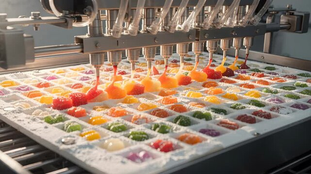 Industrial machine precisely dispenses colorful gummy candy into a mold, showcasing automated food production. Ideal for illustrating efficiency, technology, and sweetness in manufacturing contexts