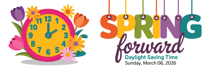 Spring forward daylight saving time concept with clock and flowers