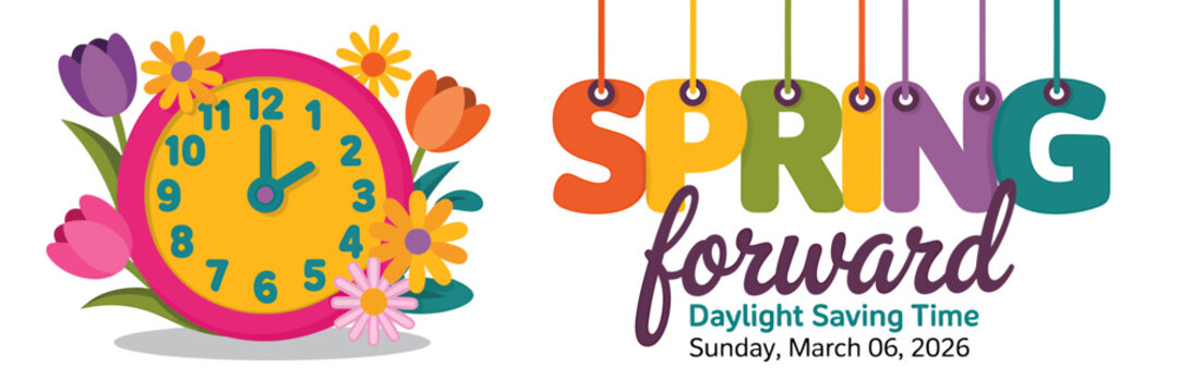 Spring forward daylight saving time concept with clock and flowers