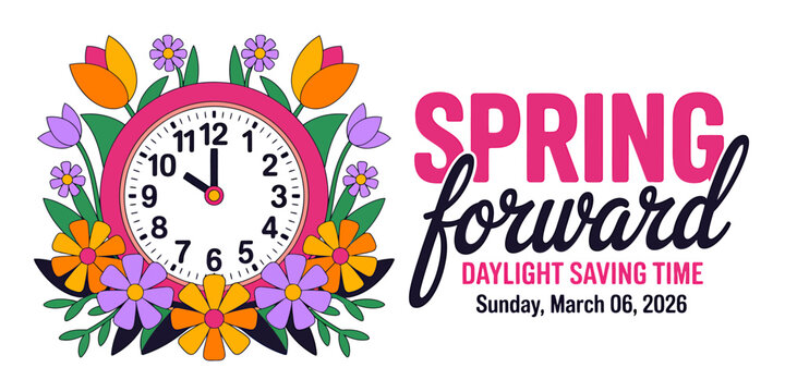 Spring forward daylight saving time concept with colorful flowers and clock
