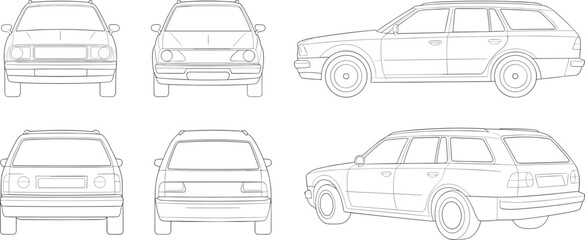 Technical line drawing set of station wagon car showing multiple perspectives including front, rear, side, and three-quarter views, useful for automotive design and engineering © MDAMIRHAMJA