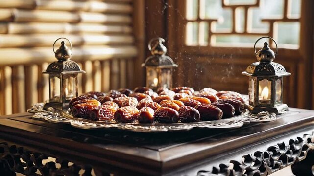 Traditional sweets and dates on a decorative table with lanterns in a Middle Eastern-style room with wooden accents