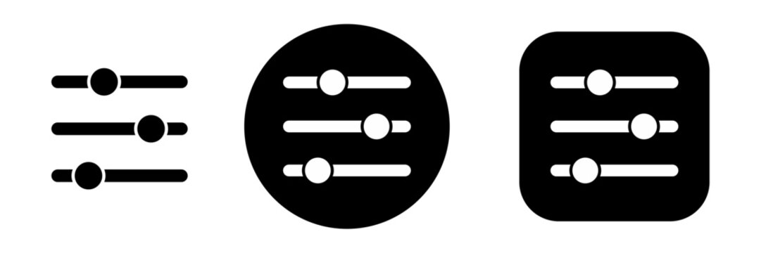 Settings slider icon set with horizontal adjustment control buttons. Customization and configuration UI symbols for app interface and web dashboard design