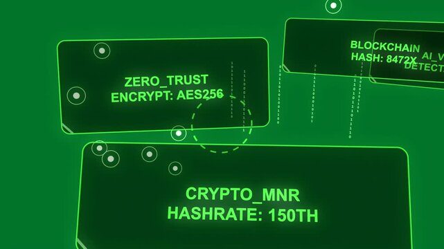 HUD nodes, panels moving on pulse, emitting bits, tagging, showing status on transparent background