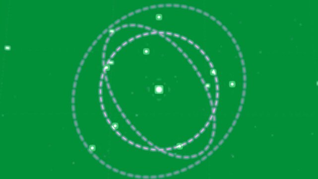 Magenta arc drawing, rings forming, hub spawning orbiting nodes, showing HUD on transparent canvas