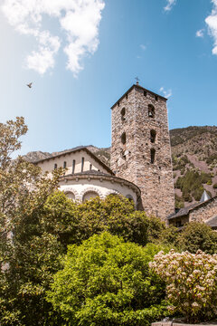 Exterior of St Esteve of Andorra Church in Andorra la Vella old town on a sunny day