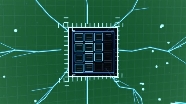 Triangle rotating, chip changing, cyan traces growing, nodes showing, booting on transparent plane
