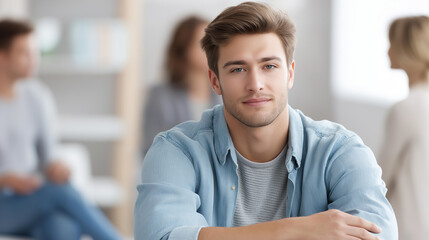 Obraz premium Faceless young man looking directly at camera sitting in group support session with defocused people, illustrating mental health community, therapy gathering, with copy space