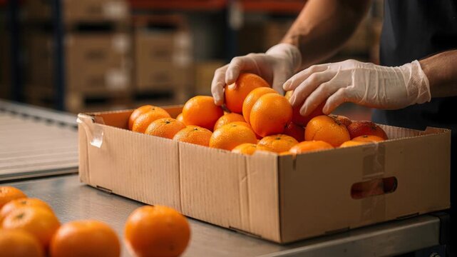 This vibrant image showcases oranges in a cardboard box, being sorted by gloved hands in a warehouse. It evokes themes of harvest, freshness, nutrition, and careful handling, suitable for food or heal
