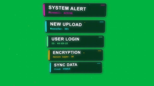 Alert stack sliding in after node contact, pulsing, confirming cloud sync on transparent grid