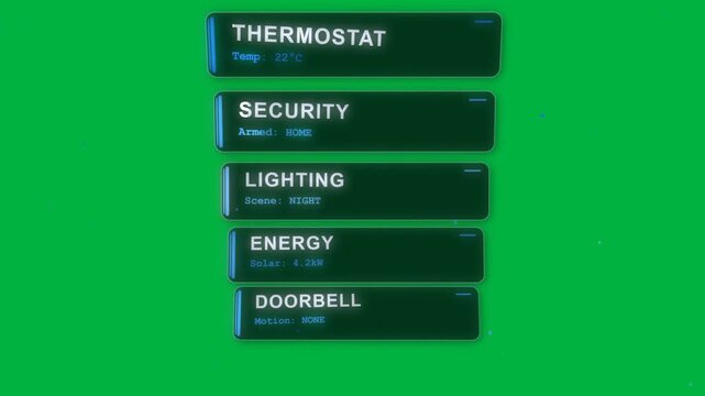 Nodes appearing, modules sliding right and stacking, revealing home control labels on transparent