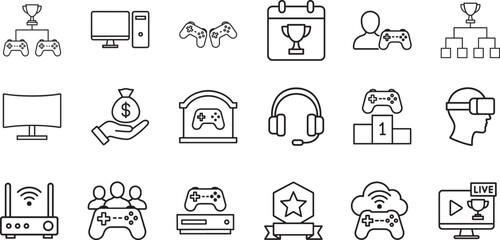 E-sport line editable icon set. Modern gaming tournament and streaming vector symbols pack. © MdMoziber