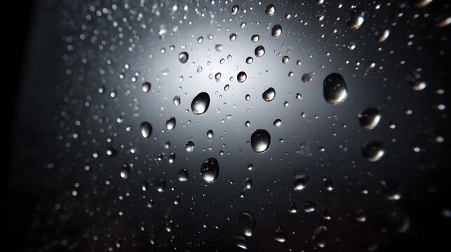 ro view of water droplets forming abstract patterns on a dark reflective surface with high contrast lighting