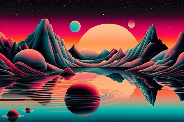 Vivid abstract landscape with surreal water reflections in bold colors.
