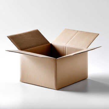 Open cardboard box on white background, empty packaging container, brown corrugated paper, moving supply, storage, shipping, simple design