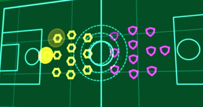 Cyan HUD grid showing yellow hexes arming magenta shields moving rings pulsing marking center clear