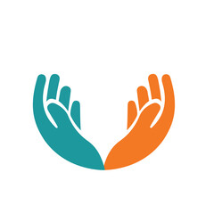 Fototapeta premium Silhouettes of two raised hands with palms facing each.