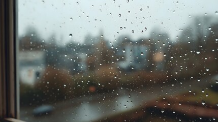 Raindrops on a window pane looking out onto a blurred overcast suburban landscape
