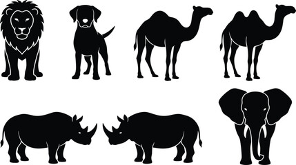 Wild animal silhouette set, lion dog camel rhinoceros elephant vector illustration isolated on white background safari collection © Afsun