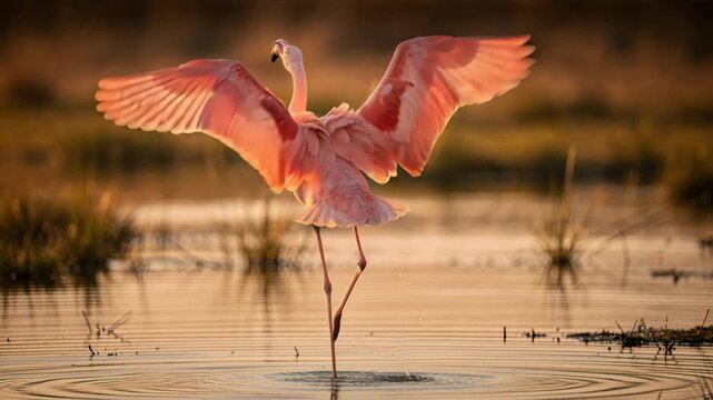 Capture the essence of nature with a roseate spoonbill, standing tall in tranquil waters. As the sun sets, casting a warm glow, its wings spread gracefully, offering serenity and peaceful reflection