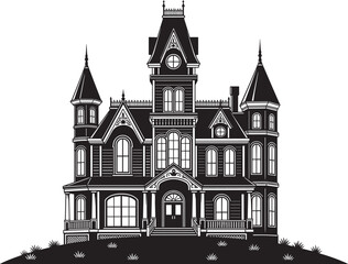 Black vector illustration of a grand Victorian haunted house mansion with intricate architectural details turrets and gables for Halloween and gothic design projects © MstSahanaj