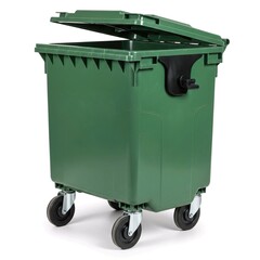 Large green industrial waste bin with wheels for trash management isolated on white.