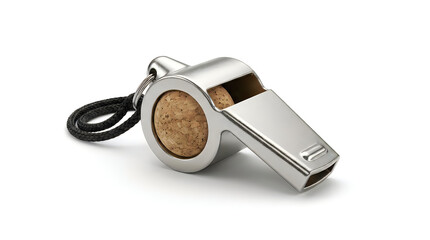 Silver whistle with black lanyard attached for sports and outdoor activities use
