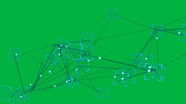 At start abstract network graph emitting motes on links showing link flow on transparent canvas