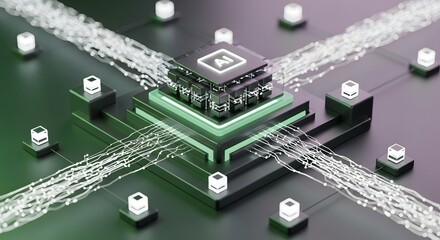 Futuristic AI Microchip Processor with Glowing Data Lines on Circuit Board 3D Render
