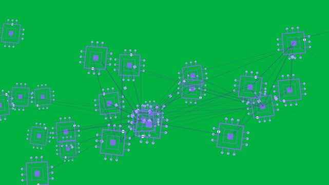 Chip icons forming hub as links appearing, forming mesh showing network on transparent background
