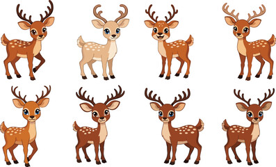 Naklejka premium Set of 9 Cute Cartoon Deer with Antlers and Spots for Wildlife, Animal, and Forest Design Themes