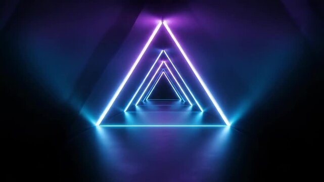 Vibrant neon triangular tunnel with blue and purple lights creates a futuristic and dynamic atmosphere, ideal for tech or innovation themes.