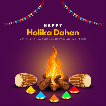 Happy Holika Dahan Vector Illustration with Bonfire, Dhol Drums and Gulal Colors