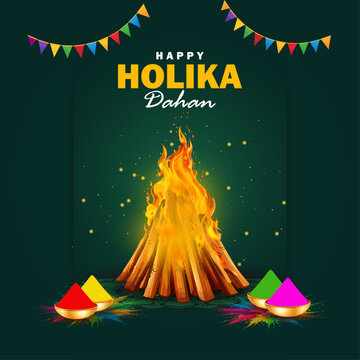 Happy Holika Dahan Vector Illustration with Bonfire, Gulal Colors and Festive Decorations