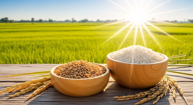 Wooden bowls of husked and unhusked rice with rice plant ears on rustic table overlooking a sunny green paddy field at sunrise