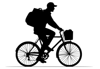 Obraz premium of a delivery man riding a bicycle with a city skyline in the background, backpack, bicycle, biker, briefcase, city, city skyline, city view, man, profile, ride, urban, against transparent background