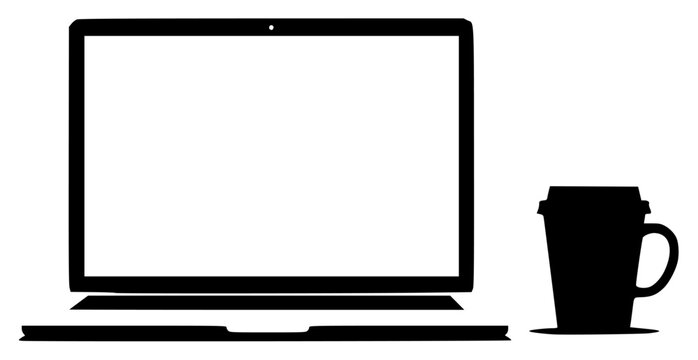 k, coffee, coffee cup, computer, computer monitor, computer screen, cup, desktop, desktop computer, flat, icon, illustration, laptop, monitor, mug, profile, screen, sit, against transparent background