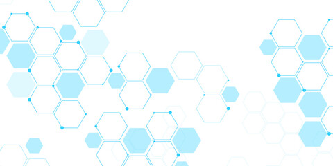 Molecular structure abstract tech background. Geometric blue background. Vector banner design with hexagons. Science network pattern, connecting lines and dots Medical background, Vector illustration	