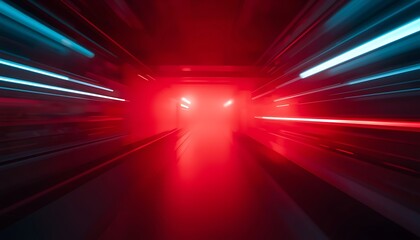 Fototapeta premium A dark tunnel with vibrant red and blue neon lights speeding by in a futuristic atmosphere
