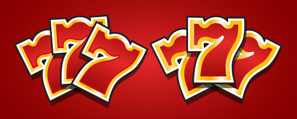 Three sevens or jackpot. Vector 3d illustration isolated on red background.