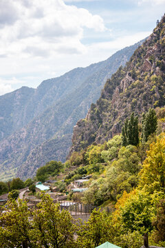 Pyrenees mountain landscape seen from Rec del Sola trail in Andorra la Vella on a sunny day
